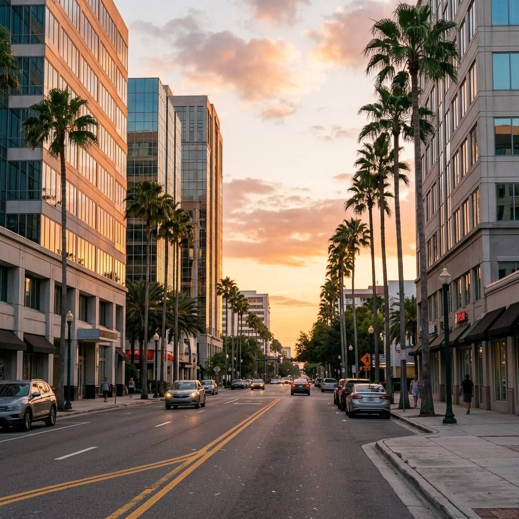Calle de Orlando con edificios de oficinas y palmeras al atardecer