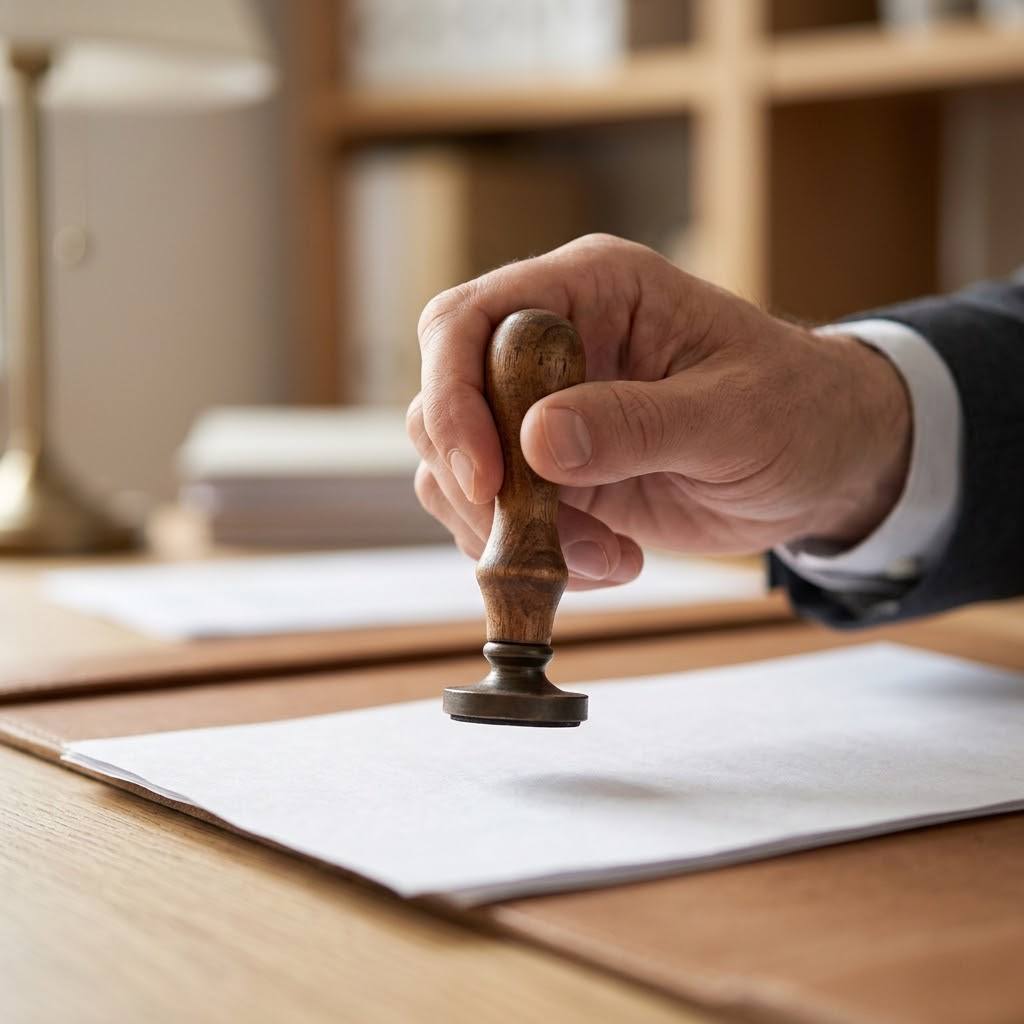 Angel Law Firm | Abogado de inmigración vs notario: diferencias Mano sosteniendo un sello de notario sobre un papel