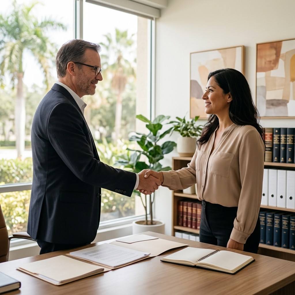Angel Law Firm | Beneficios de contratar un abogado de inmigración Abogado y clienta estrechándose la mano en una oficina