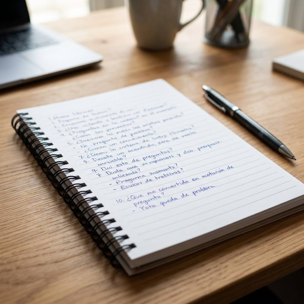 Libreta con lista de preguntas escritas a mano